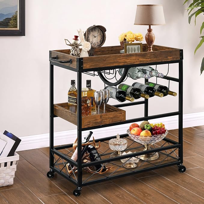 Bar Cart for The Home, 3 Tire Industrial Rolling Serving Cart on Lockable Wheels - Image 9