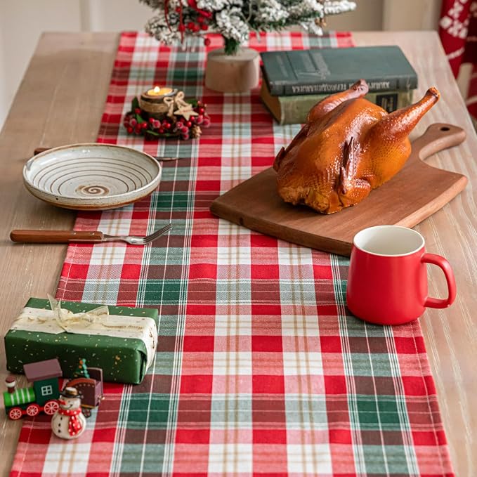 Red Gold Plaid Christmas Table Runner, Winter Holiday Table Runners 108 inches - Image 4