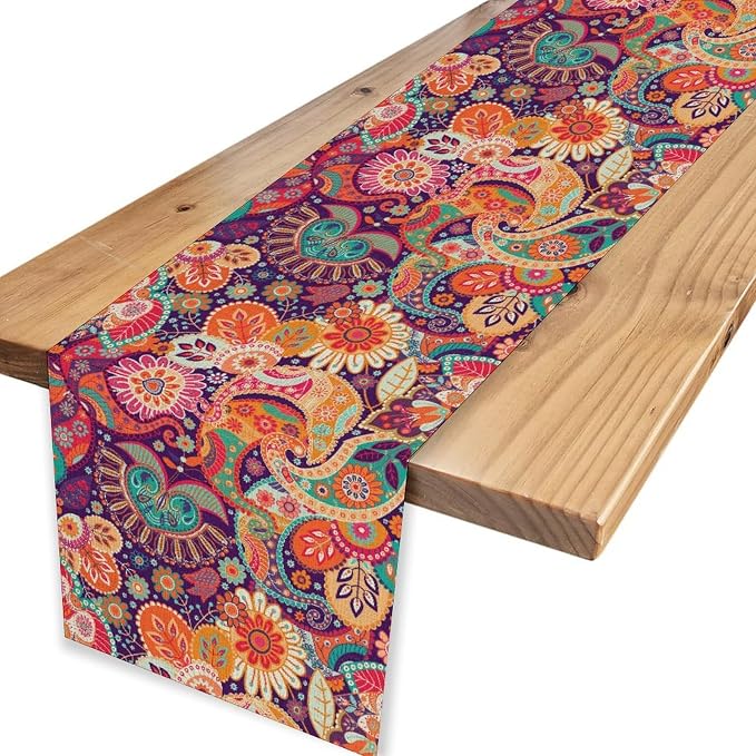 Purple Paisley Table Runner, Rustic Damask Antique Floral Flower Retro Boho - Image 4