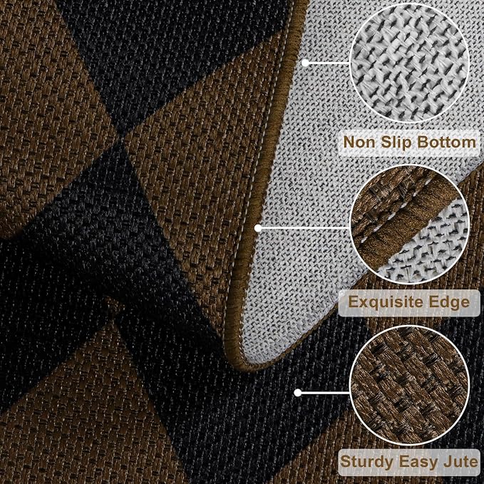 Easy Jute Checkered Entryway Rug, 2.6x4 Coffee Modern Indoor Outdoor Doormat - Image 2