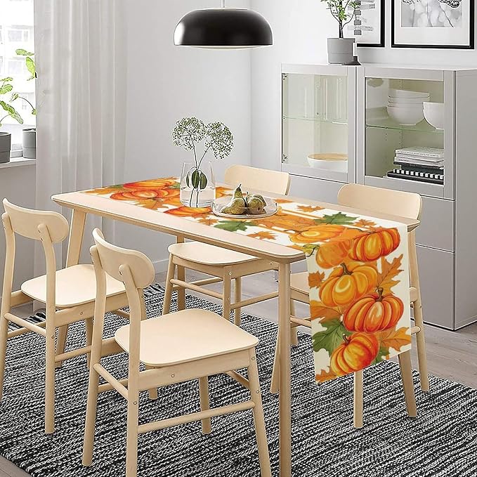 Fall Pumpkin Table Runner, Autumn Orange Maple Leaves Print Table Runner - Image 2