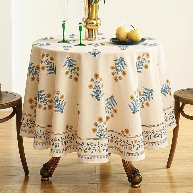 ISAENNE Designer French Pale Yellow Small Round Tablecloth, Linen Floral Table - Image 2