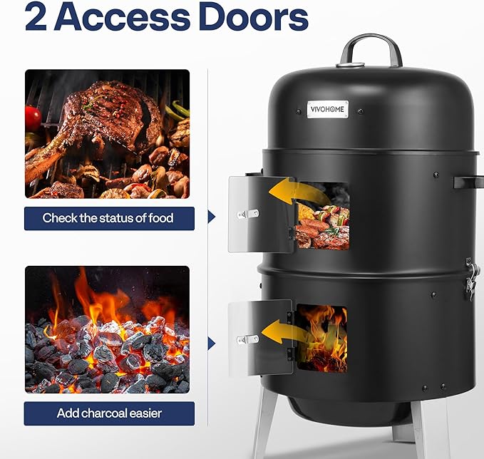 Vertical Charcoal Smoker, 3 Chambers, Black Alloy Steel