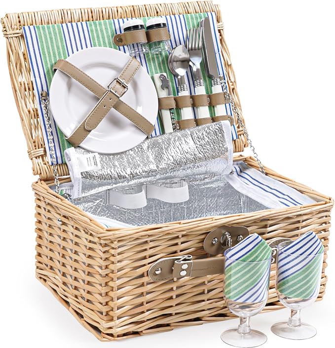 Wicker Picnic Basket for 2 Person, Willow Hamper Basket Sets by ZORMY