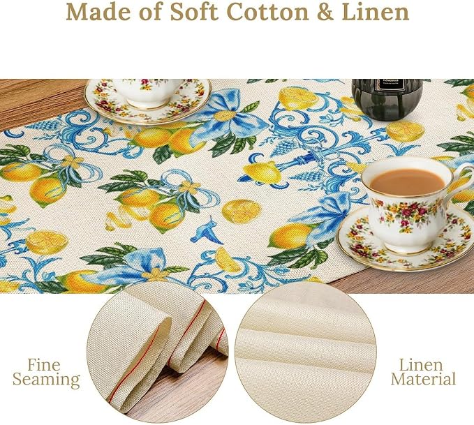 Lemon Table Runner, Summer Hummingbirds Flower Bows Print Table Runner - Image 4