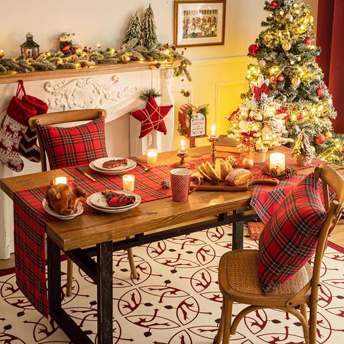 Red Green Plaid Christmas Table Runner, Winter Holiday Table Runners 108 inches - Image 5