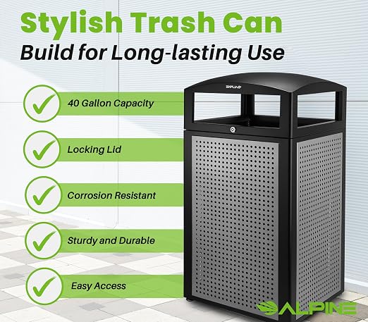 Alpine Industries 40 Gallon Commercial Outdoor Trash Can, Metal - Image 6