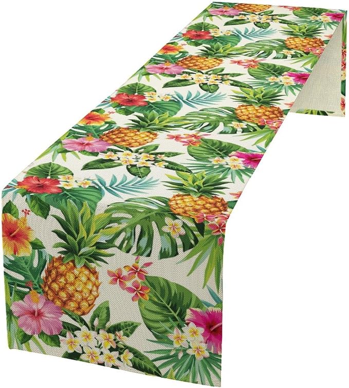 Summer Pineapple Table Runner, Tropical Palm Leaves Flowers Fruit Table Runner by Unknown