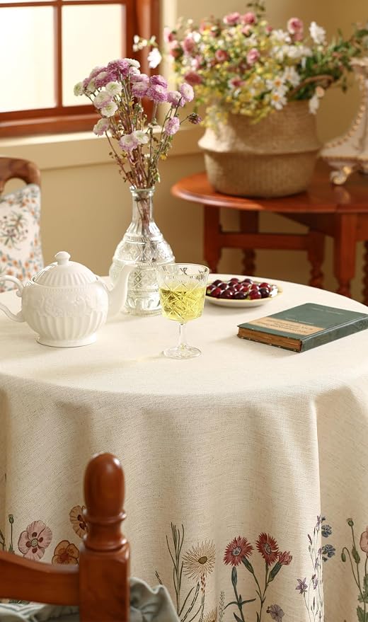 ISAENNE Designer Off White Linen Small Round Tablecloth, Floral Elegant Table - Image 3