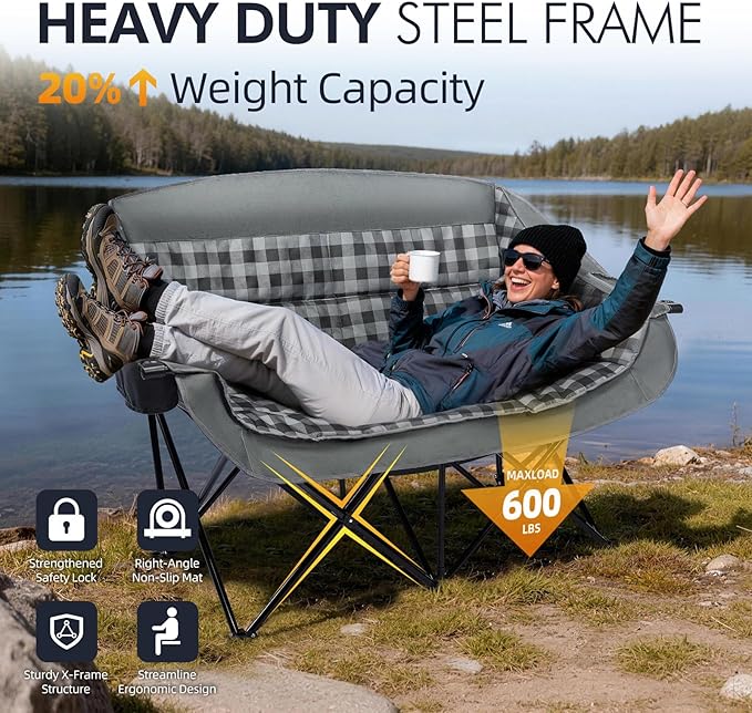 Camping Chair for Two, Padded Grey Loveseat with Cup Holders