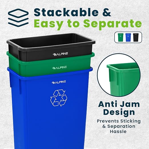 Alpine 23 Gallon Slim Recycling & Trash Bin Set – 3-Pack Blue/Black/Green - Image 5