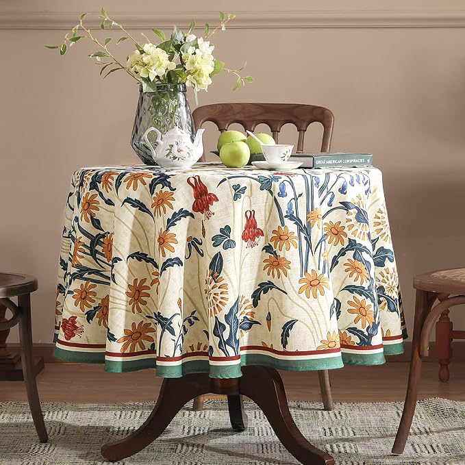 French Vintage Small Round Tablecloth, Linen Tablecloth - Image 2