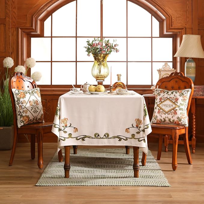 patdrea Designer Linen Rectangle Tablecloth, Vintage French Floral Tablecloths - Image 3