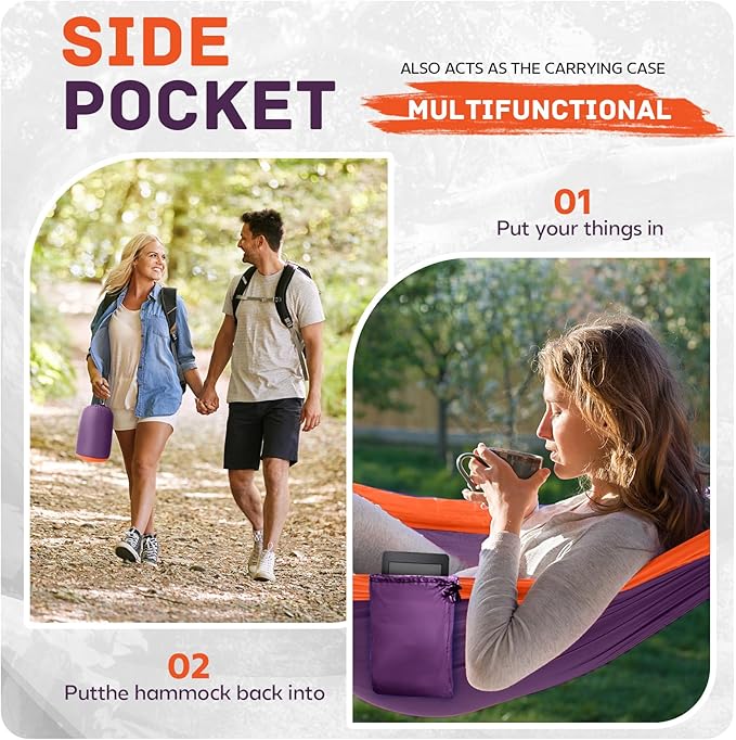 Double Camping Hammock, Nylon, 600 lb Capacity, 106 x 55 Inch
