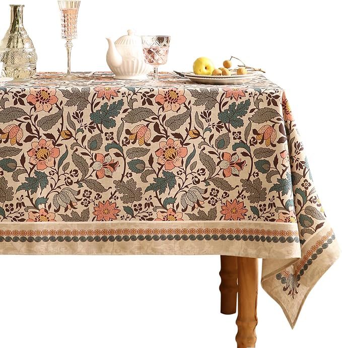 ISAENNE Designer Boho Floral Rectangular Tablecloth, Linen Lotus Flower Pattern by Isaennehomedecoration