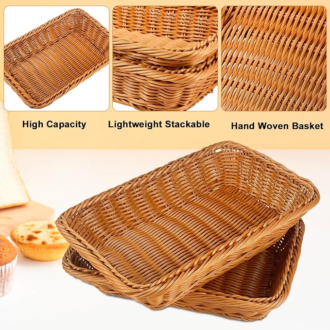 2 Pack 12" Rectangular Poly Wicker Bread Baskets, Durable Woven Serving Basket - Image 3