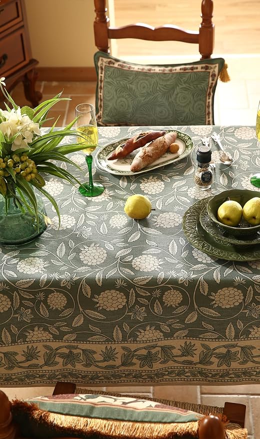 ISAENNE Designer Grayish Green Linen Table Cloth Rectangular, Floral Elegant - Image 9
