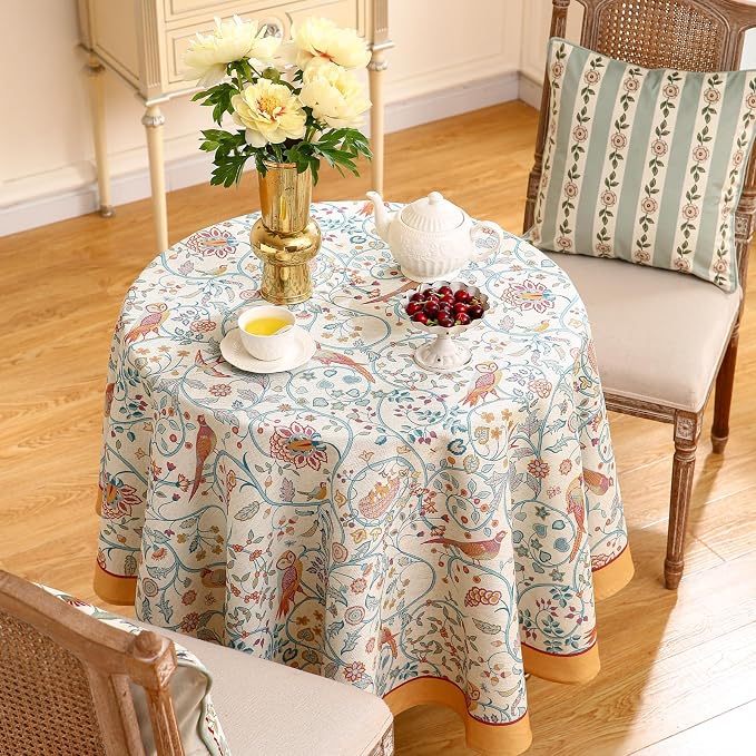 patdrea Designer Yellow French Round Tablecloth, Rustic Linen Floral Birds - Image 7