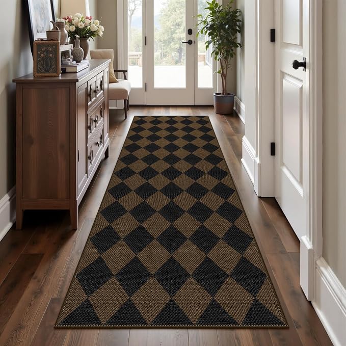 Easy Jute Checkered Runner Rug, 2.6x8 Coffee Modern Washable Rugs Runner - Image 6