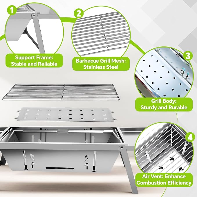 Foldable Small Charcoal Grill, Portable Stainless Steel Charcoal Grill - Image 7