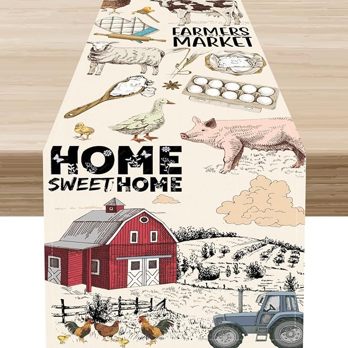 Farmhouse Rooster Table Runner, Rustic Cow Chicken Pig House Animals Coffee by Unknown
