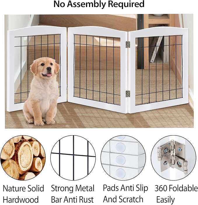 LZRS 3-Panel Freestanding Foldable Wooden Dog Gate –Solid Wood & Steel Wire - Image 3