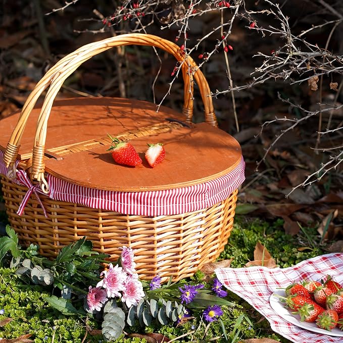 Wicker Picnic Basket with Liner, Wooden Split Lid Picnic Basket, Vintage-Style - Image 6