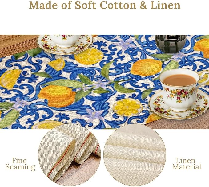 Rustic Lemon Table Runner, Vintage Morocco Blue Mediterranean Spring Summer - Image 6