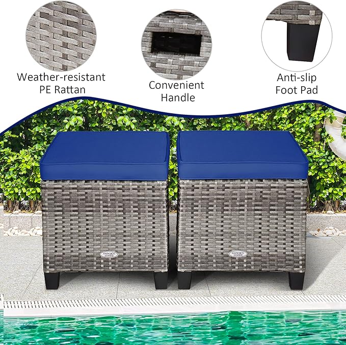 Tangkula 2 Pieces Patio Rattan Ottomans, Outdoor Wicker Footstool Footrest Seat - Image 6