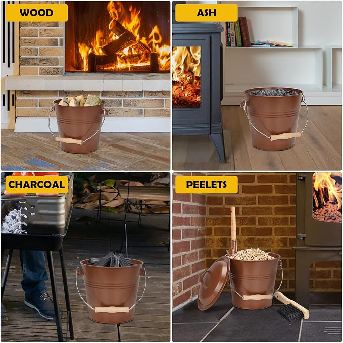 Mini Ash Bucket with Lid, 1.5-Gallon Pail with Shovel and Hand Broom, Metal - Image 7