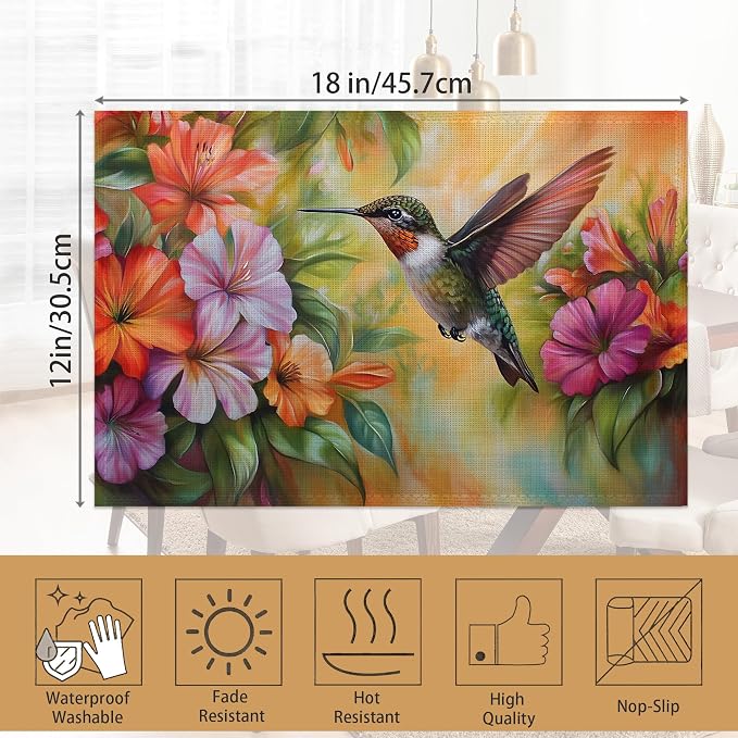 Hummingbird Placemats Set of 6, Colorful Flower Waterproof Non-Slip Washable - Image 6