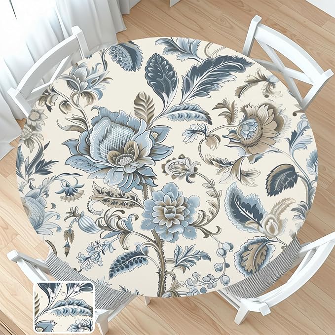 Vintage Floral Round Fitted Tablecloth by Unknown