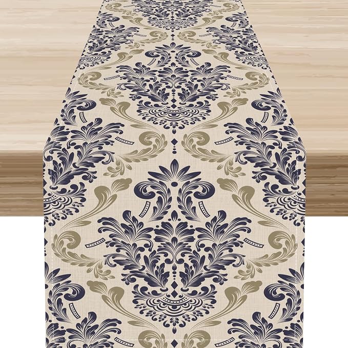 Blue Damask Table Runner, Boho Baroque Style Floral Flower Antique Classic by Unknown