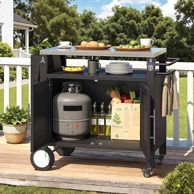Outdoor Kitchen Storage Cabinet on Wheels, Grill Prep Table Kitchen Cabinets - Image 9