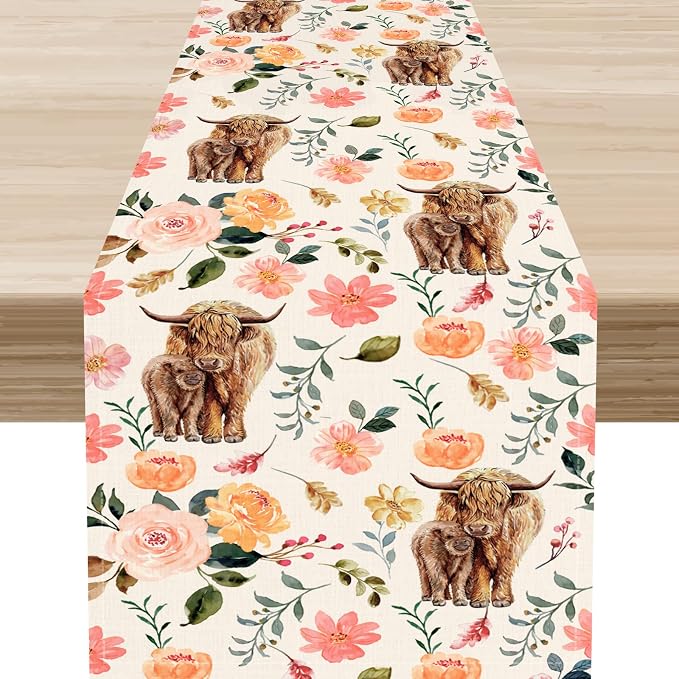 Cow Table Runner, Rustic Farmhouse Pink Floral Flower Spring Summer Yak Leaves by Unknown