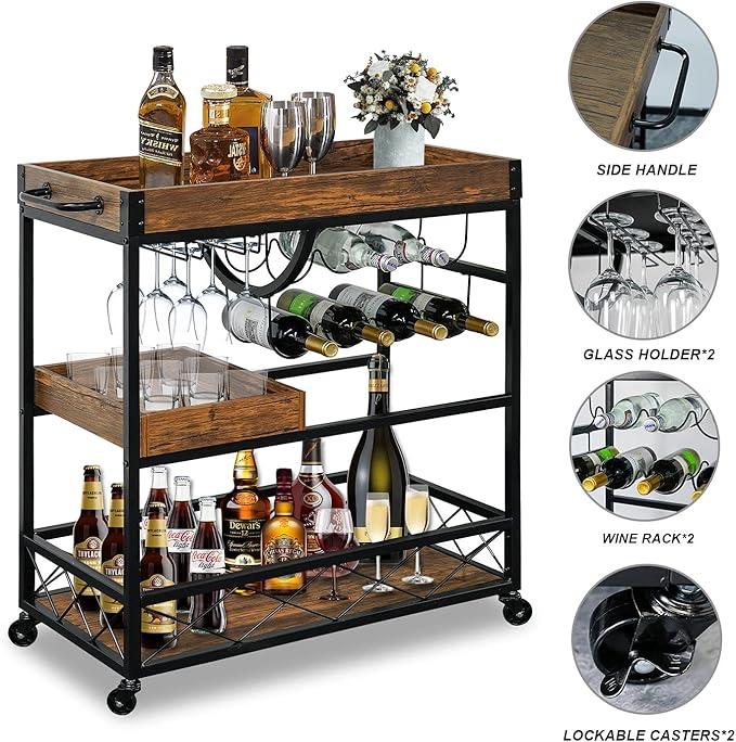 Bar Cart for The Home, 3 Tire Industrial Rolling Serving Cart on Lockable Wheels - Image 5