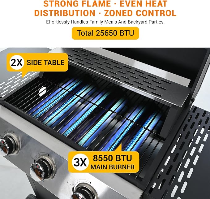 Stainless Steel 3-Burner Gas Grill, 25650 BTU Outdoor BBQ Grill - Image 5