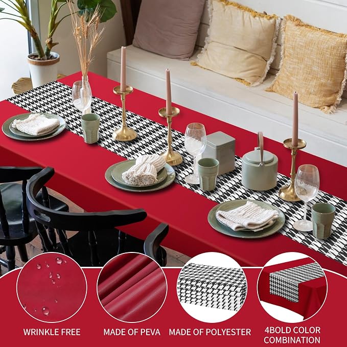 WANGDEFA 1 Pack Plastic Red Tablecloth Houndstooth Table Runner Houndstooth - Image 3