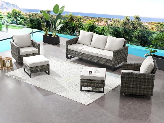 HUMMUH Outdoor Ottomans for Patio Set of 2 PE Wicker Outdoor Footstool - Image 2