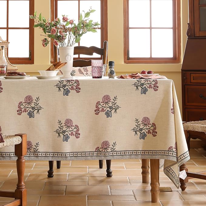ISAENNE Designer Linen Light Beige Square Tablecloth, French Colorful Floral - Image 2