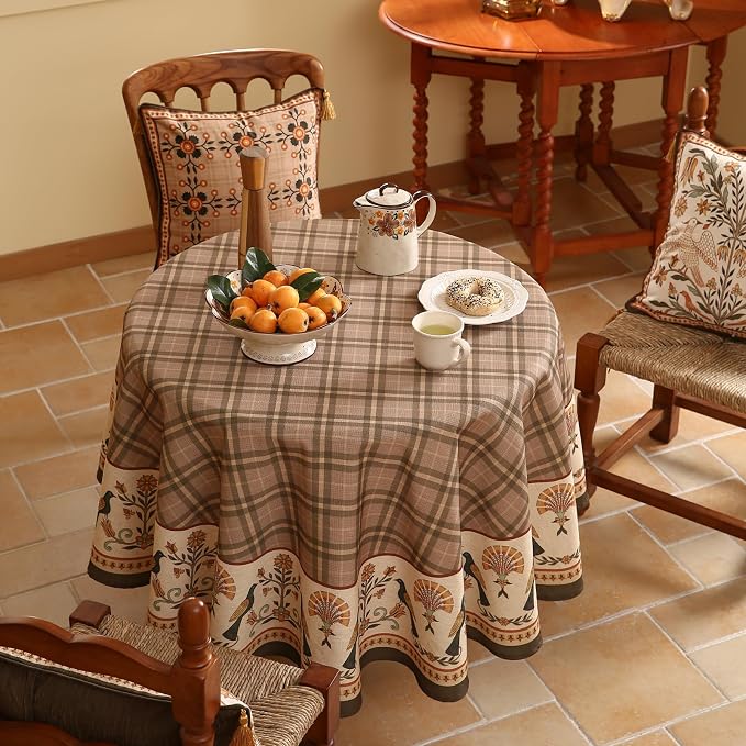 Vintage Brown Checkered Small Round Tablecloth, Italian Style Wrinkle Resistant - Image 3