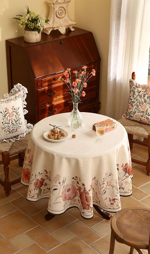 French Linen Small Round Tablecloth, Vintage Pink - Image 9