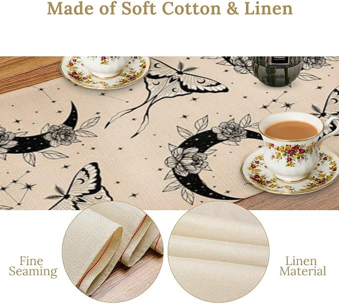 Boho Moth Table Runner, Retro Flower Moon Starlit Stars Butterfly Print Table - Image 4