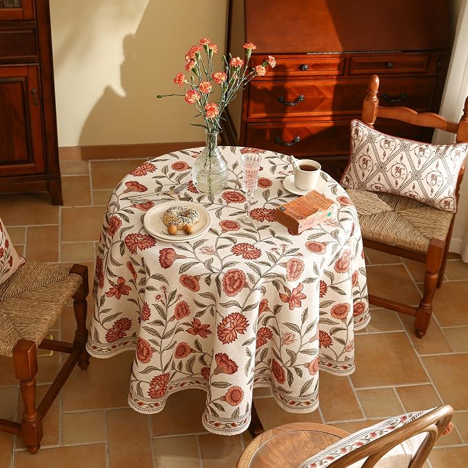 ISAENNE Designer French Round Tablecloth, Linen Orange Floral Pattern Indoor - Image 3