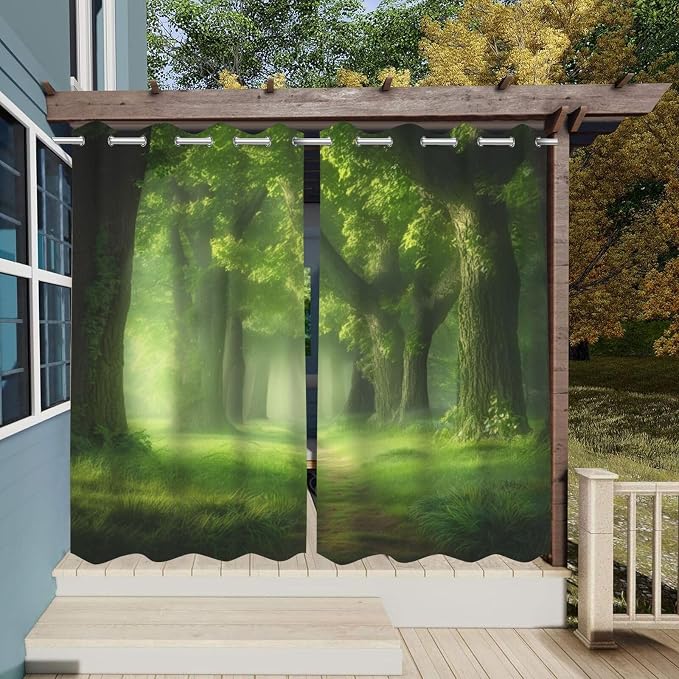 Forest Theme Waterproof Indoor/Outdoor Curtains, Dawn Trees Jungle Pattern - Image 3
