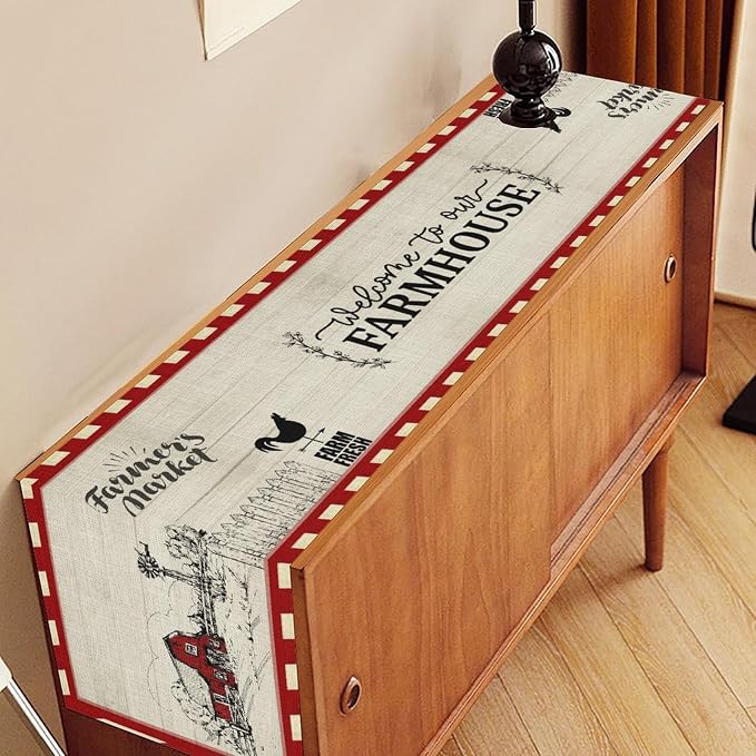 Farmhouse Table Runner, Rustic Country Barn Cottage Rooster Check Animal Plank - Image 3