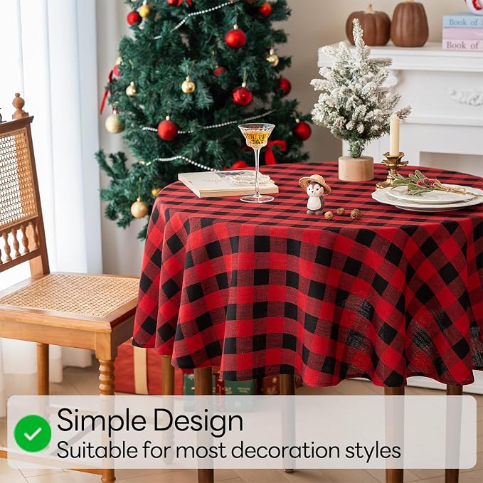 Christmas Gingham Tablecloth Heavy Duty Cotton Blend Red 60 inch Round - Image 2