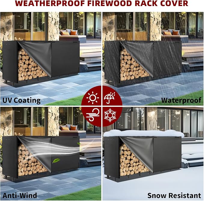 8FT Firewood Rack with Waterproof Cover, Heavy Duty Firewood Storage Log Holder - Image 7
