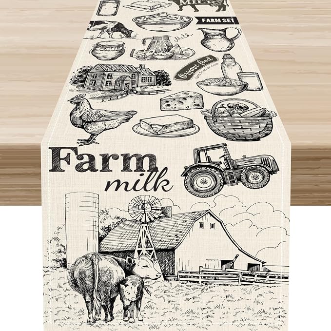 Farm Animals Table Runner, Rustic Farmhouse Rooster Cow Chicken Black Print by Unknown