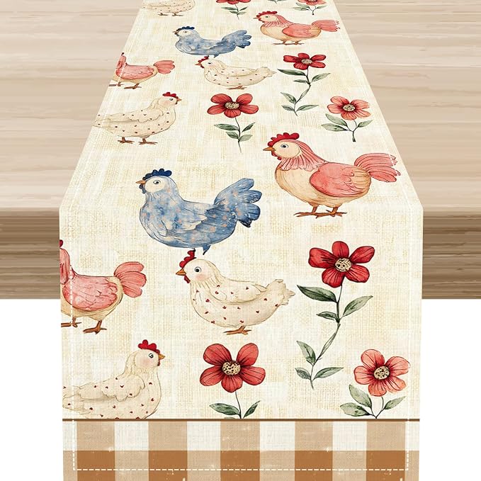 Farmhouse Rooster Table Runner, Rustic Farm Chicken Brown Plaid Flower Plant by Unknown